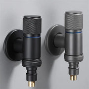 Black matte-finished wall-mounted washing machine faucet with knurled handles and brass-colored spouts by decorbites black copper brass