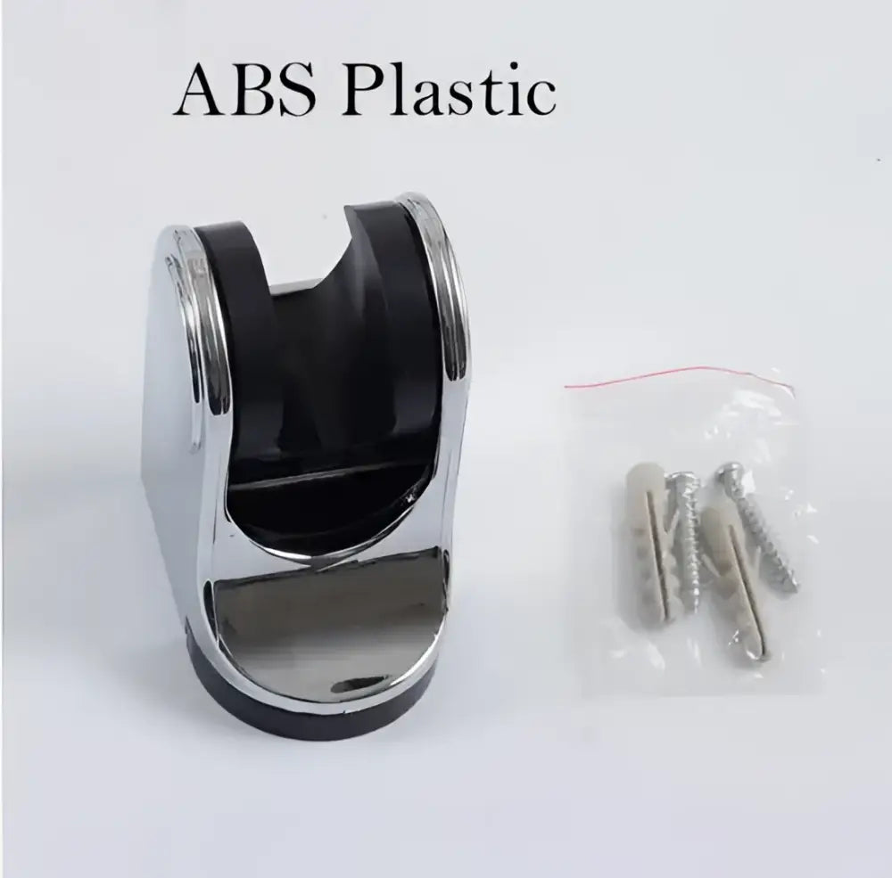 Chrome-finished abs plastic shower head holder with black interior and curved design for wall-mounted bathroom use