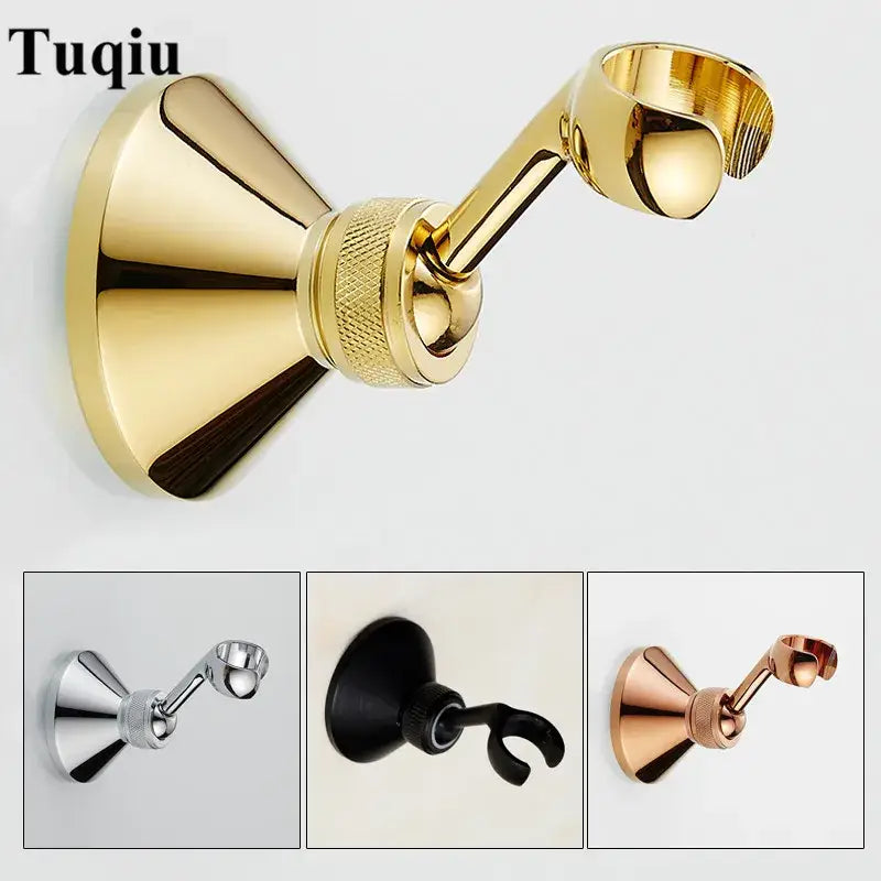 Gold-colored metallic knurled brass shower head holder with conical base for wall mount bathroom use