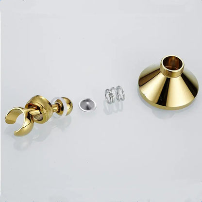 Gold-colored knurled brass shower head holder wall mount with textured grip and spherical end for secure shower head placement