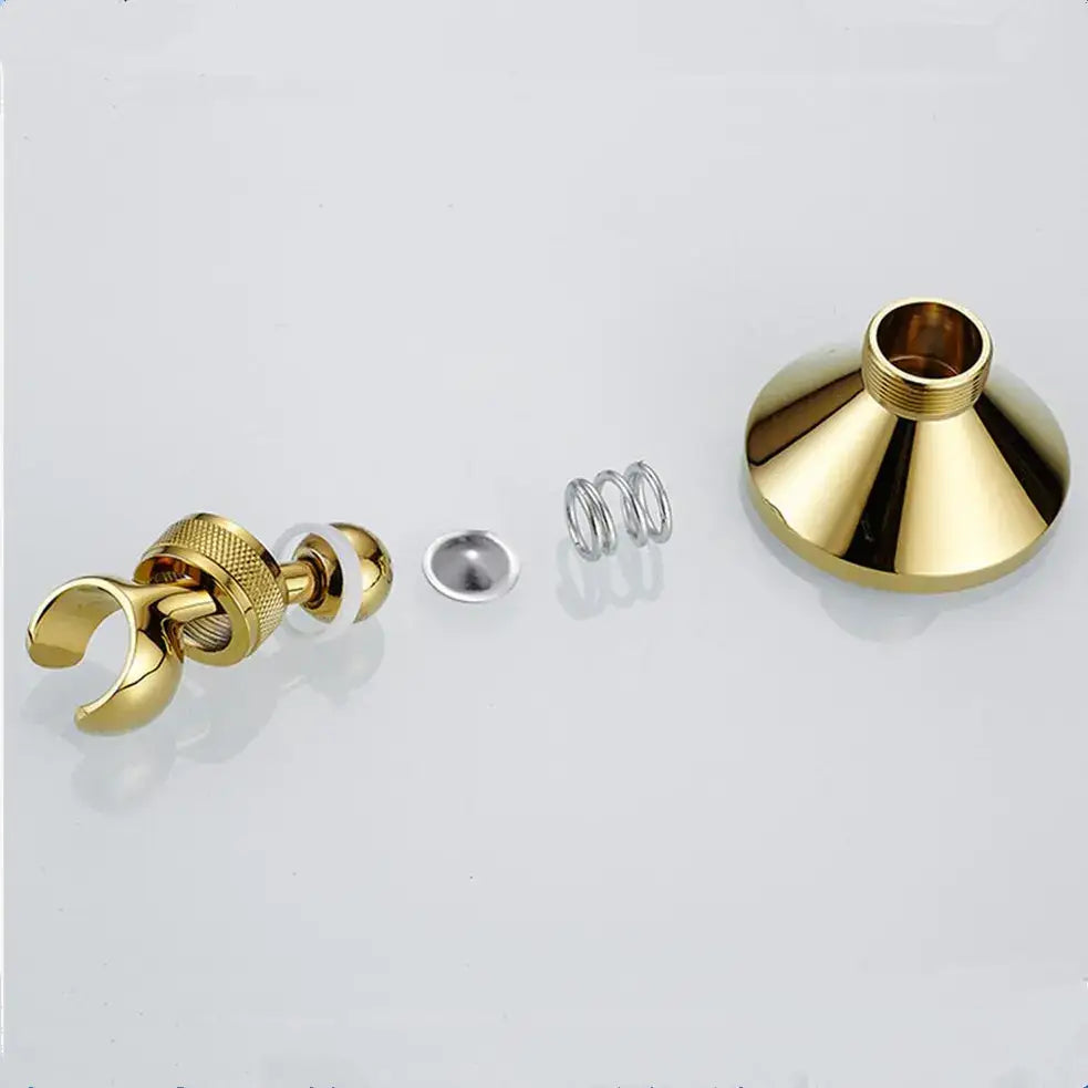 Gold-colored knurled brass shower head holder wall mount with textured grip and spherical end for secure shower head placement