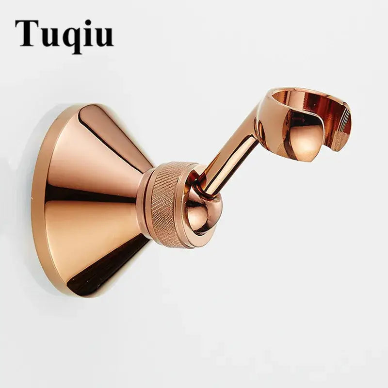 Rose gold metallic knurled brass shower head holder with sleek conical base and textured grip ring for bathroom wall mount