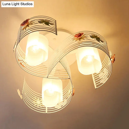 DecorBites™ DecorBites™ Korean Flower Swirled Iron Semi-Flush 3-Light Ceiling Lamp with Matte Glass Shade