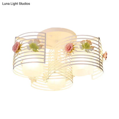 DecorBites™ DecorBites™ Korean Flower Swirled Iron Semi-Flush 3-Light Ceiling Lamp with Matte Glass Shade