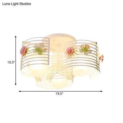 DecorBites™ DecorBites™ Korean Flower Swirled Iron Semi-Flush 3-Light Ceiling Lamp with Matte Glass Shade