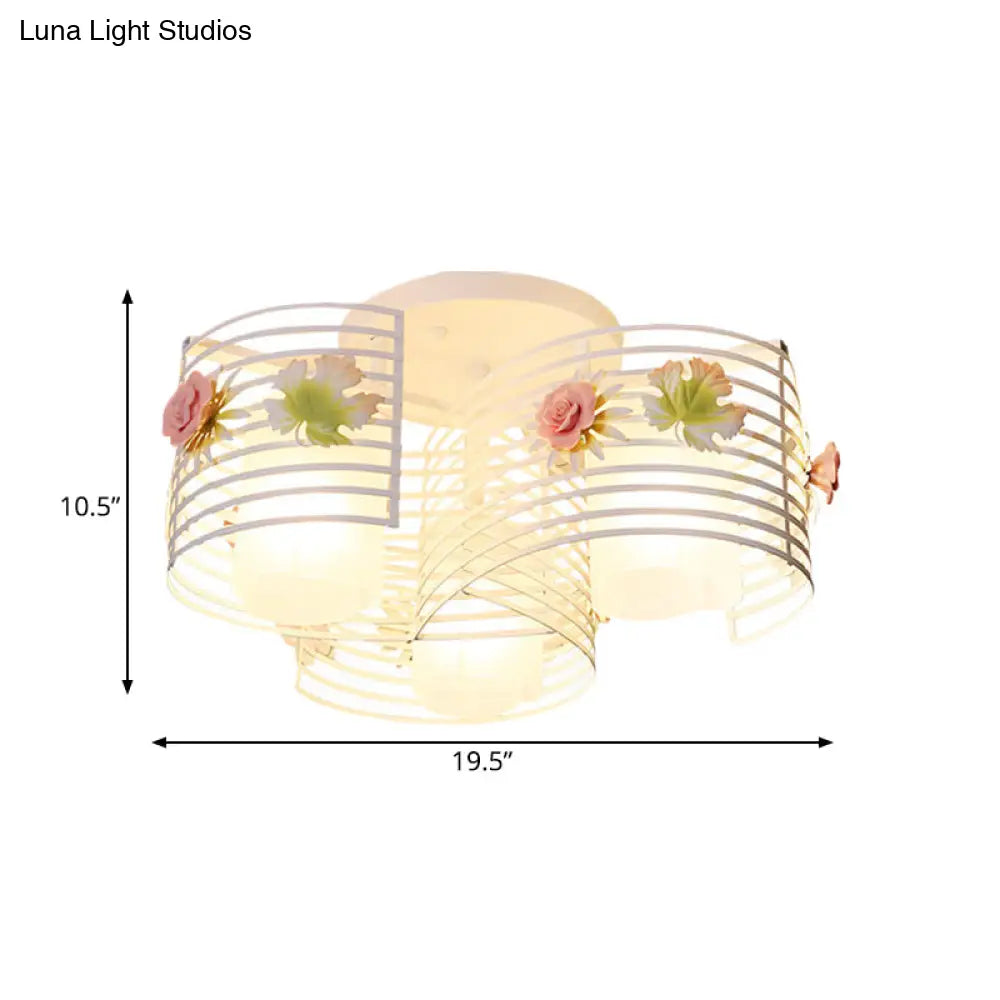 DecorBites™ DecorBites™ Korean Flower Swirled Iron Semi-Flush 3-Light Ceiling Lamp with Matte Glass Shade
