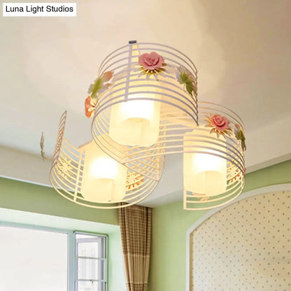 DecorBites™ DecorBites™ Korean Flower Swirled Iron Semi-Flush 3-Light Ceiling Lamp with Matte Glass Shade