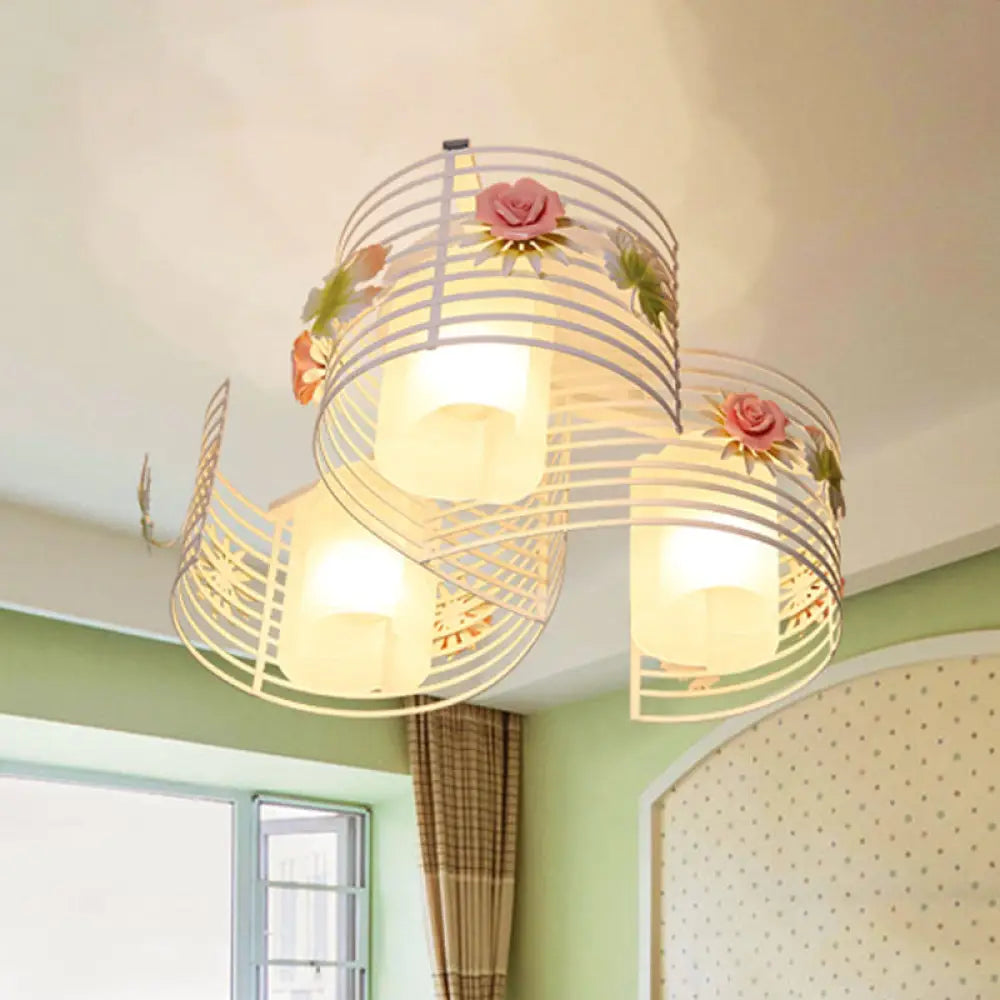 DecorBites™ DecorBites™ Korean Flower Swirled Iron Semi-Flush 3-Light Ceiling Lamp with Matte Glass Shade