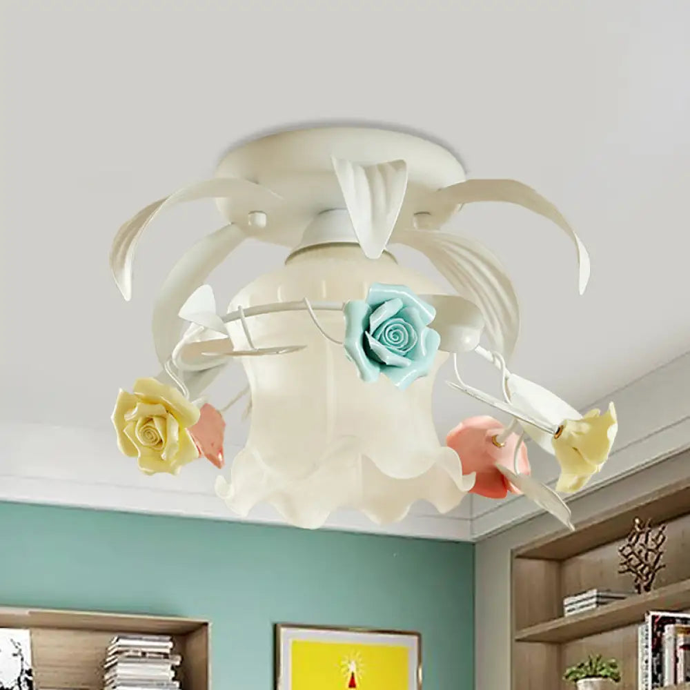 DecorBites™ DecorBites™ Korean Flower White/Green Frosted Glass Semi-Mount Ceiling Lamp with Single Flounce Trim