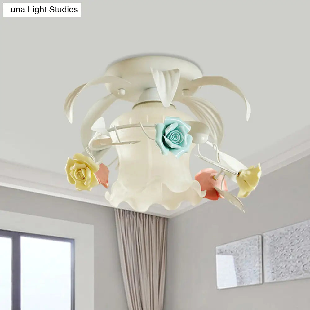 DecorBites™ DecorBites™ Korean Flower White/Green Frosted Glass Semi-Mount Ceiling Lamp with Single Flounce Trim