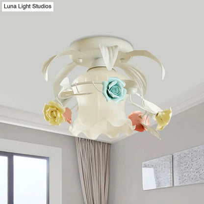 DecorBites™ DecorBites™ Korean Flower White/Green Frosted Glass Semi-Mount Ceiling Lamp with Single Flounce Trim