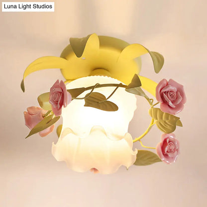 DecorBites™ DecorBites™ Korean Flower White/Green Frosted Glass Semi-Mount Ceiling Lamp with Single Flounce Trim