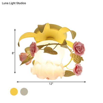 DecorBites™ DecorBites™ Korean Flower White/Green Frosted Glass Semi-Mount Ceiling Lamp with Single Flounce Trim