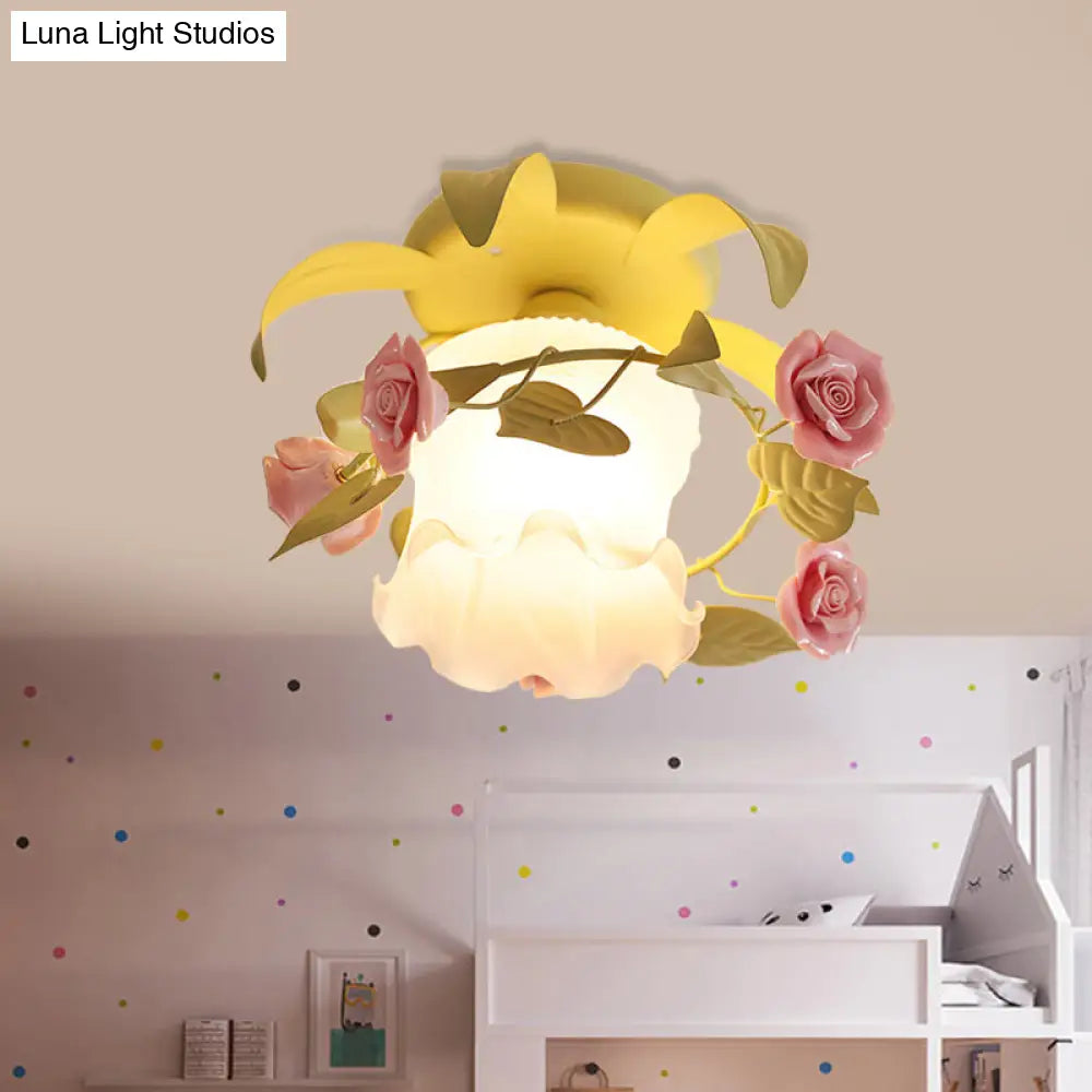 DecorBites™ DecorBites™ Korean Flower White/Green Frosted Glass Semi-Mount Ceiling Lamp with Single Flounce Trim