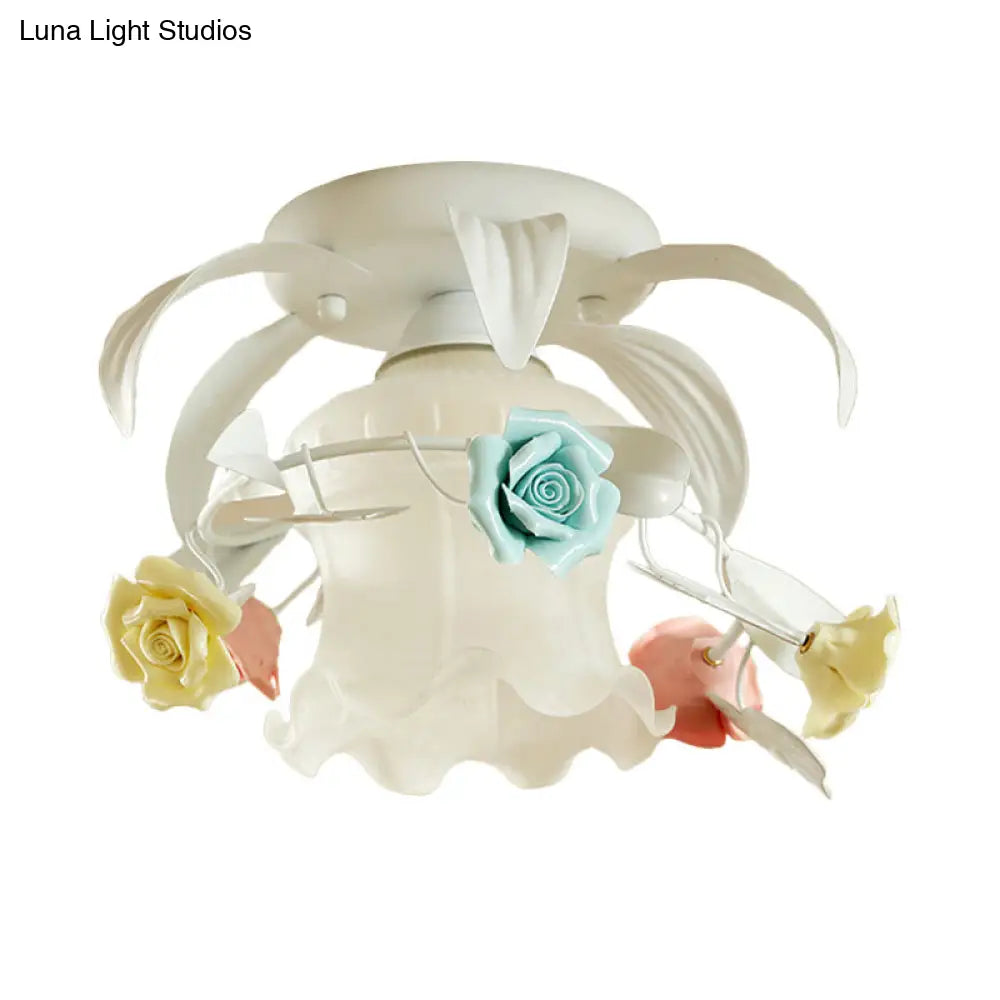 DecorBites™ DecorBites™ Korean Flower White/Green Frosted Glass Semi-Mount Ceiling Lamp with Single Flounce Trim