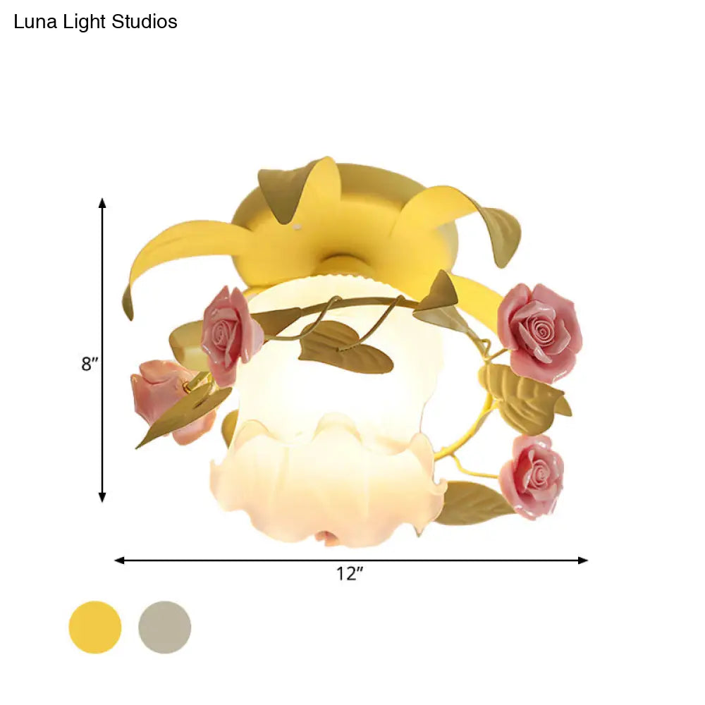 DecorBites™ DecorBites™ Korean Flower White/Green Frosted Glass Semi-Mount Ceiling Lamp with Single Flounce Trim