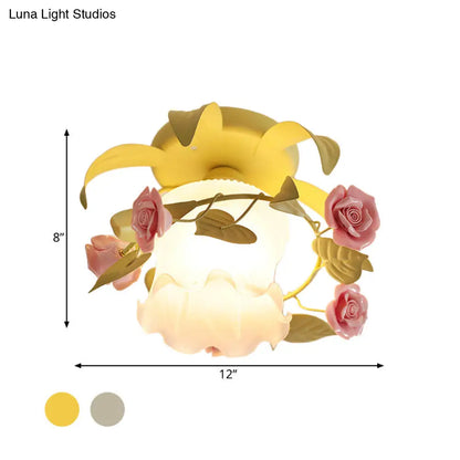 DecorBites™ DecorBites™ Korean Flower White/Green Frosted Glass Semi-Mount Ceiling Lamp with Single Flounce Trim
