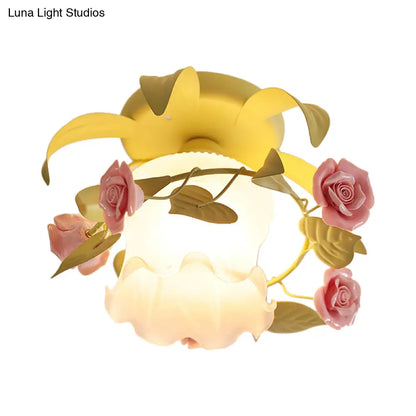 DecorBites™ DecorBites™ Korean Flower White/Green Frosted Glass Semi-Mount Ceiling Lamp with Single Flounce Trim