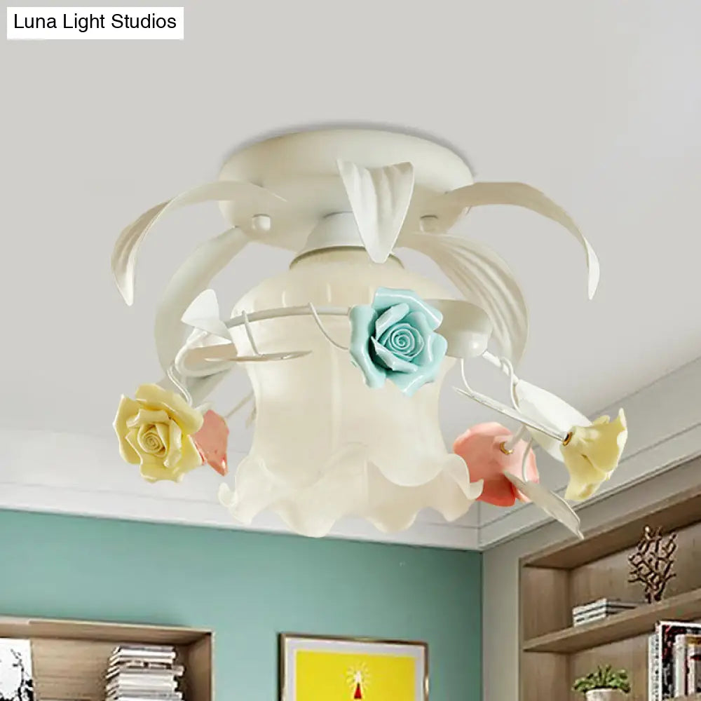 DecorBites™ DecorBites™ Korean Flower White/Green Frosted Glass Semi-Mount Ceiling Lamp with Single Flounce Trim