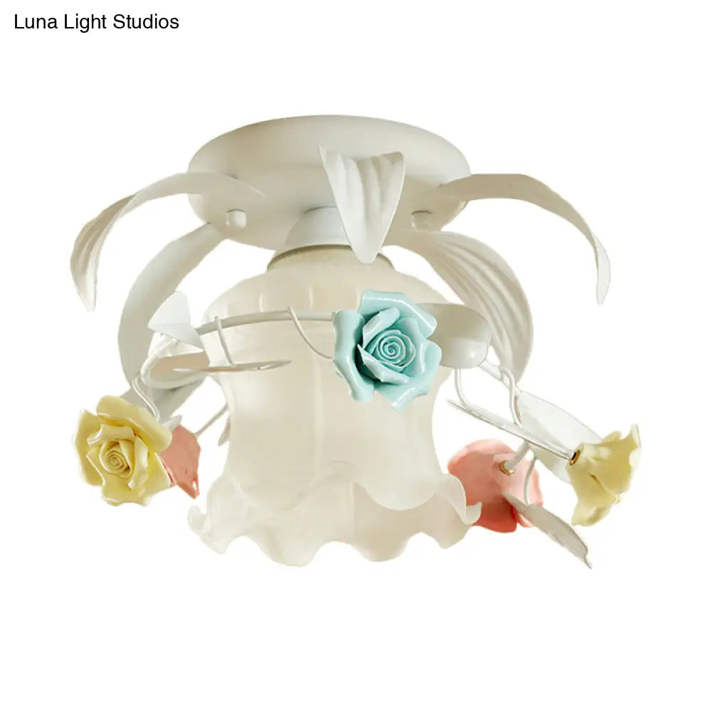 DecorBites™ DecorBites™ Korean Flower White/Green Frosted Glass Semi-Mount Ceiling Lamp with Single Flounce Trim