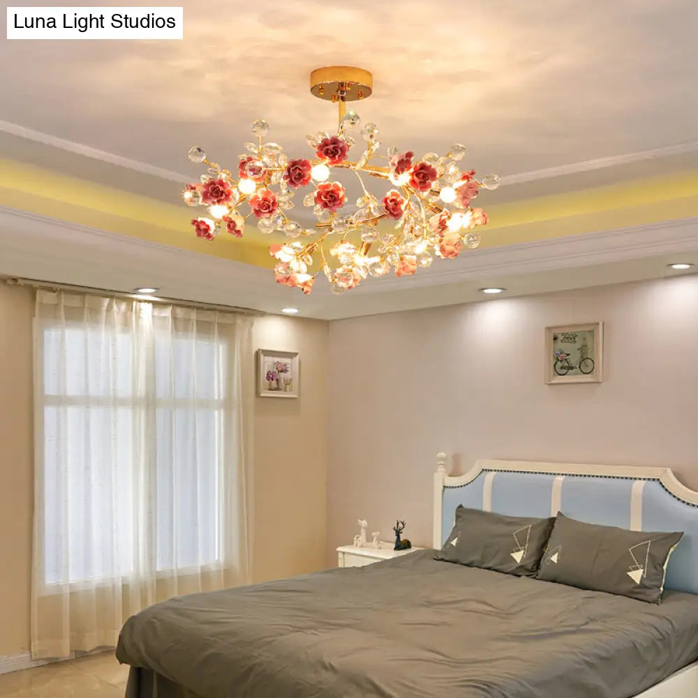 DecorBites™ DecorBites™ Korean Garden Ceramic Rose Ceiling Light with Crystal Accents