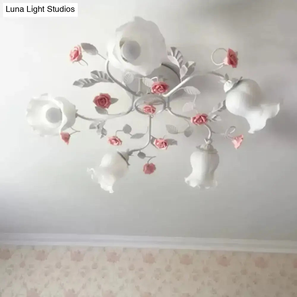 DecorBites™ DecorBites™ Korean Garden Floral Semi Flush Mount Ceiling Light - 5 Bulbs, Frosted White Glass for Bedroom