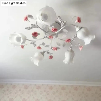 DecorBites™ DecorBites™ Korean Garden Floral Semi Flush Mount Ceiling Light - 5 Bulbs, Frosted White Glass for Bedroom