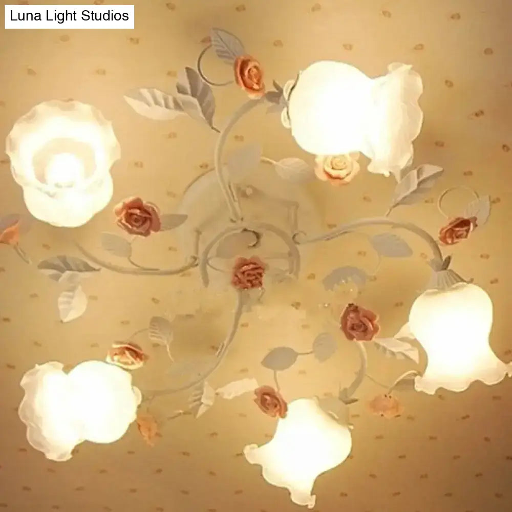 DecorBites™ DecorBites™ Korean Garden Floral Semi Flush Mount Ceiling Light - 5 Bulbs, Frosted White Glass for Bedroom