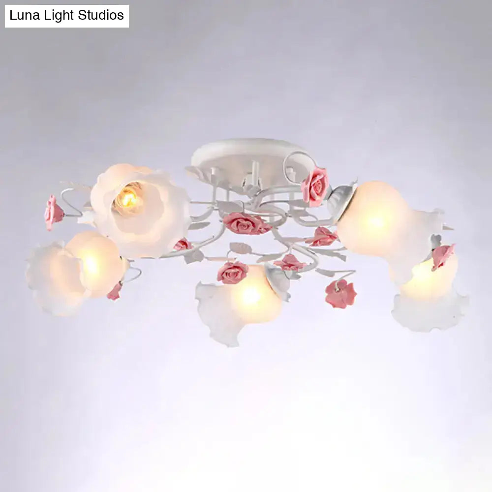DecorBites™ DecorBites™ Korean Garden Floral Semi Flush Mount Ceiling Light - 5 Bulbs, Frosted White Glass for Bedroom