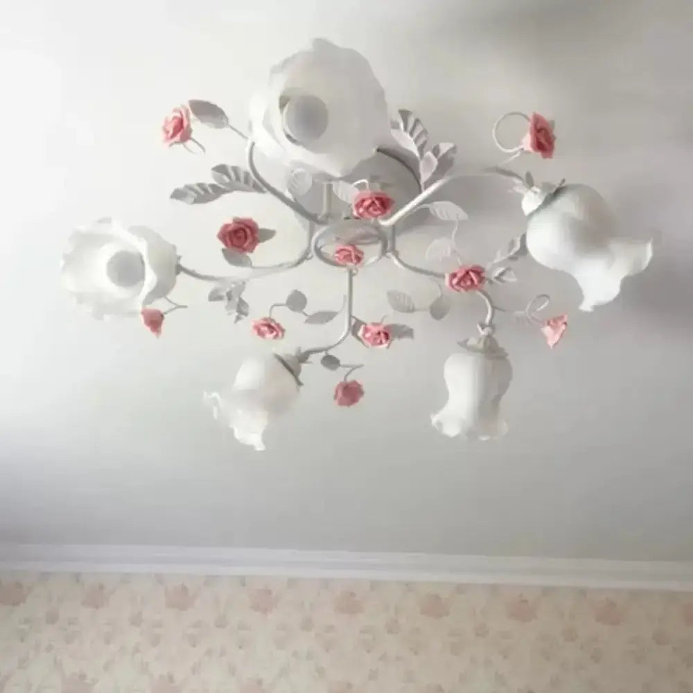 DecorBites™ DecorBites™ Korean Garden Floral Semi Flush Mount Ceiling Light - 5 Bulbs, Frosted White Glass for Bedroom