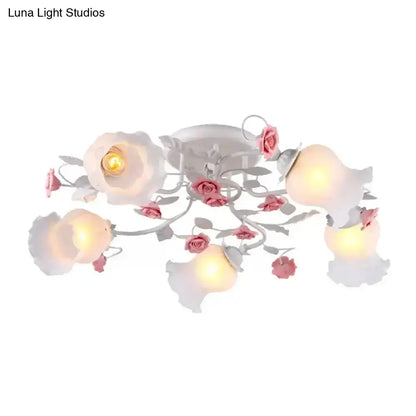 DecorBites™ DecorBites™ Korean Garden Floral Semi Flush Mount Ceiling Light - 5 Bulbs, Frosted White Glass for Bedroom