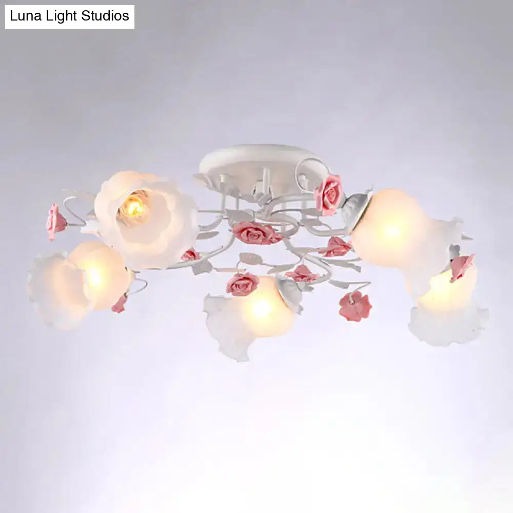 DecorBites™ DecorBites™ Korean Garden Floral Semi Flush Mount Ceiling Light - 5 Bulbs, Frosted White Glass for Bedroom