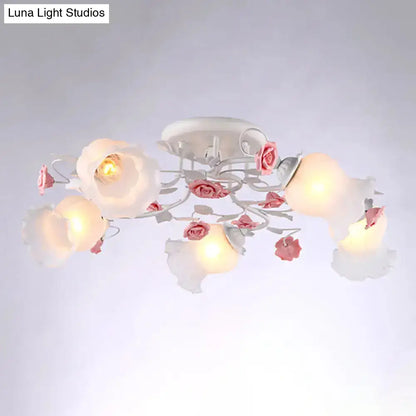 DecorBites™ DecorBites™ Korean Garden Floral Semi Flush Mount Ceiling Light - 5 Bulbs, Frosted White Glass for Bedroom