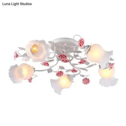 DecorBites™ DecorBites™ Korean Garden Floral Semi Flush Mount Ceiling Light - 5 Bulbs, Frosted White Glass for Bedroom