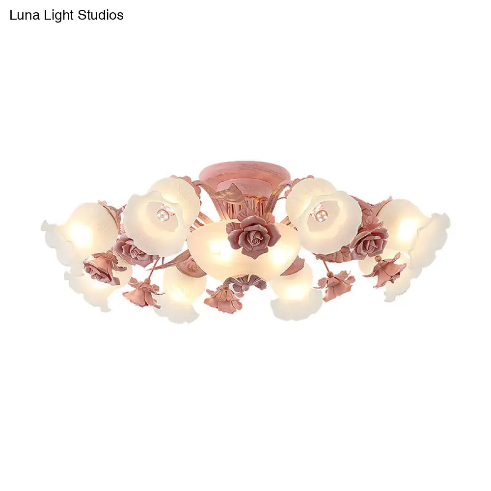 DecorBites™ DecorBites™ Korean Garden Floral Semi Flush Mount Light Fixture - Cream Glass, 5/7/11 Lights - Pink/Blue - Bedroom Lighting