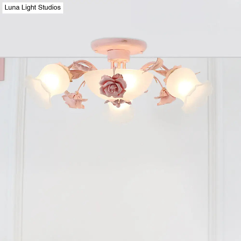 DecorBites™ DecorBites™ Korean Garden Floral Semi Flush Mount Light Fixture - Cream Glass, 5/7/11 Lights - Pink/Blue - Bedroom Lighting