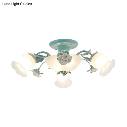 DecorBites™ DecorBites™ Korean Garden Floral Semi Flush Mount Light Fixture - Cream Glass, 5/7/11 Lights - Pink/Blue - Bedroom Lighting