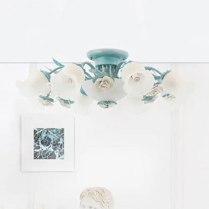 DecorBites™ DecorBites™ Korean Garden Floral Semi Flush Mount Light Fixture - Cream Glass, 5/7/11 Lights - Pink/Blue - Bedroom Lighting