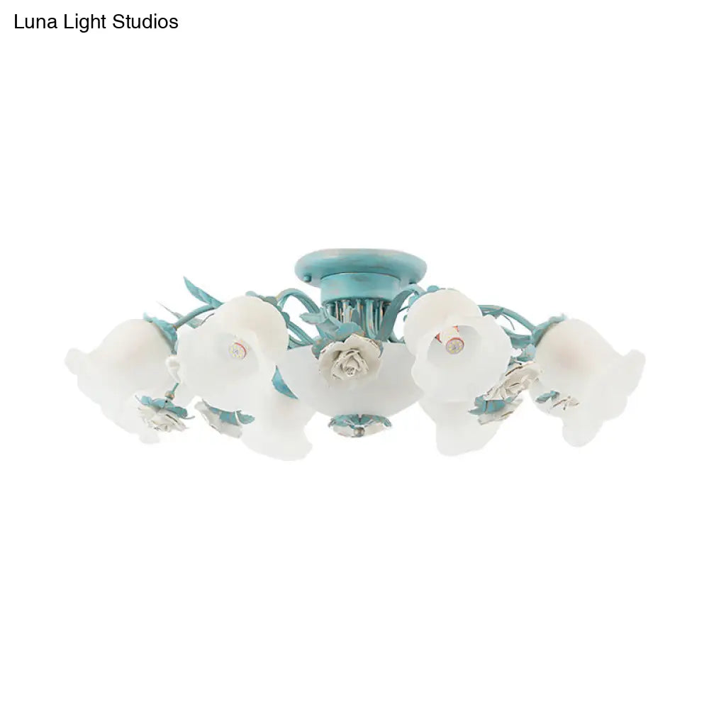 DecorBites™ DecorBites™ Korean Garden Floral Semi Flush Mount Light Fixture - Cream Glass, 5/7/11 Lights - Pink/Blue - Bedroom Lighting