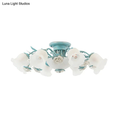 DecorBites™ DecorBites™ Korean Garden Floral Semi Flush Mount Light Fixture - Cream Glass, 5/7/11 Lights - Pink/Blue - Bedroom Lighting