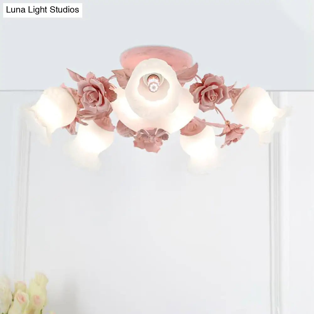 DecorBites™ DecorBites™ Korean Garden Floral Semi Flush Mount Light Fixture - Cream Glass, 5/7/11 Lights - Pink/Blue - Bedroom Lighting