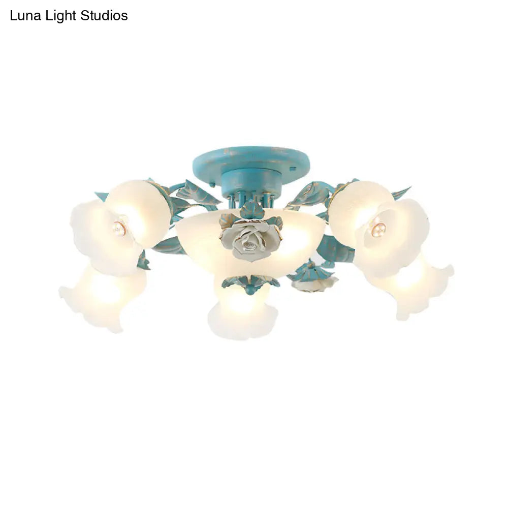 DecorBites™ DecorBites™ Korean Garden Floral Semi Flush Mount Light Fixture - Cream Glass, 5/7/11 Lights - Pink/Blue - Bedroom Lighting