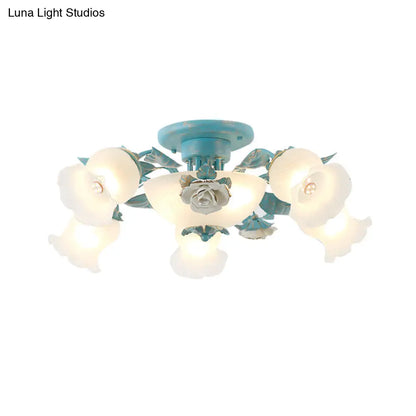 DecorBites™ DecorBites™ Korean Garden Floral Semi Flush Mount Light Fixture - Cream Glass, 5/7/11 Lights - Pink/Blue - Bedroom Lighting