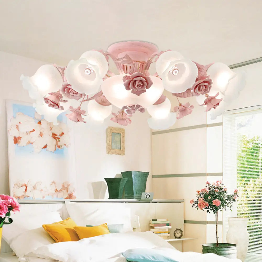 DecorBites™ DecorBites™ Korean Garden Floral Semi Flush Mount Light Fixture - Cream Glass, 5/7/11 Lights - Pink/Blue - Bedroom Lighting