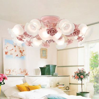 DecorBites™ DecorBites™ Korean Garden Floral Semi Flush Mount Light Fixture - Cream Glass, 5/7/11 Lights - Pink/Blue - Bedroom Lighting