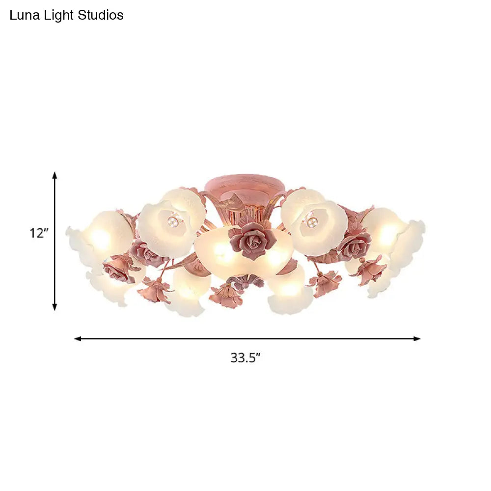 DecorBites™ DecorBites™ Korean Garden Floral Semi Flush Mount Light Fixture - Cream Glass, 5/7/11 Lights - Pink/Blue - Bedroom Lighting