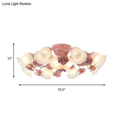 DecorBites™ DecorBites™ Korean Garden Floral Semi Flush Mount Light Fixture - Cream Glass, 5/7/11 Lights - Pink/Blue - Bedroom Lighting