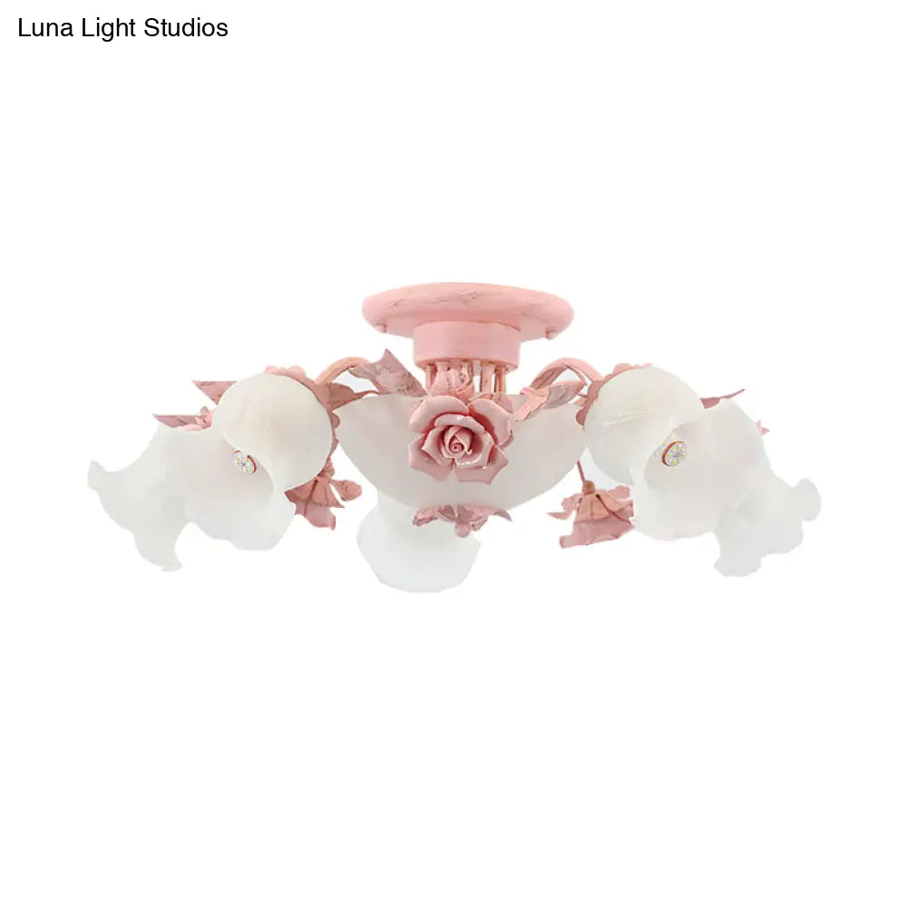 DecorBites™ DecorBites™ Korean Garden Floral Semi Flush Mount Light Fixture - Cream Glass, 5/7/11 Lights - Pink/Blue - Bedroom Lighting