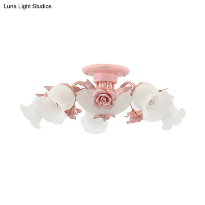 DecorBites™ DecorBites™ Korean Garden Floral Semi Flush Mount Light Fixture - Cream Glass, 5/7/11 Lights - Pink/Blue - Bedroom Lighting