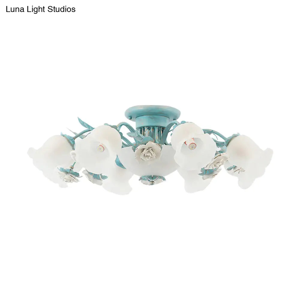 DecorBites™ DecorBites™ Korean Garden Floral Semi Flush Mount Light Fixture - Cream Glass, 5/7/11 Lights - Pink/Blue - Bedroom Lighting